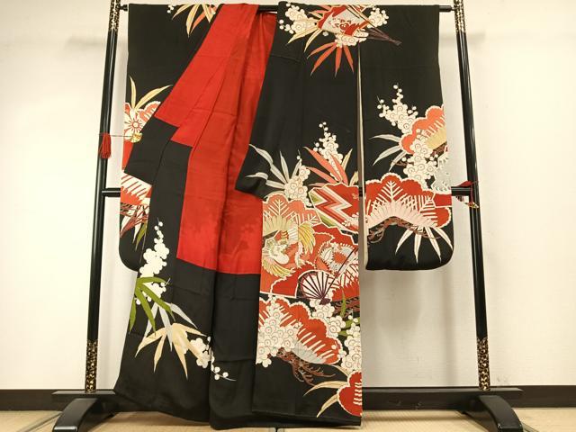 平和屋本店●アンティーク 大正ロマン 振袖 駒刺繍 花鳥文 黒地 金彩 正絹 逸品 AABI8926fy