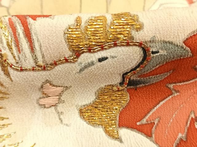 平和屋本店●アンティーク 大正ロマン 振袖 駒刺繍 花鳥文 黒地 金彩 正絹 逸品 AABI8926fy