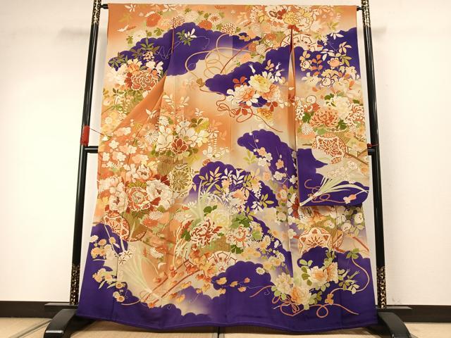平和屋本店●アンティーク 大正ロマン 振袖 駒刺繍 草花文 暈し染め 金糸 金彩 正絹 逸品 AABI8927fy