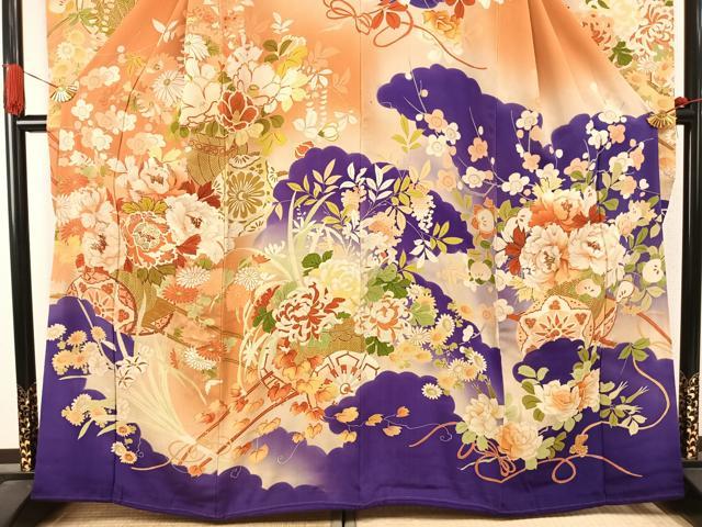 平和屋本店●アンティーク 大正ロマン 振袖 駒刺繍 草花文 暈し染め 金糸 金彩 正絹 逸品 AABI8927fy