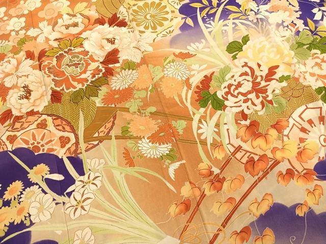 平和屋本店●アンティーク 大正ロマン 振袖 駒刺繍 草花文 暈し染め 金糸 金彩 正絹 逸品 AABI8927fy