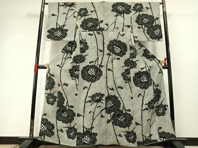 平和屋着物●上質な小紋 本疋田絞り 草花文 黒地 正絹 逸品 AABI8935fy