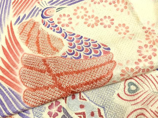 平和屋着物●名門 藤娘きぬたや・総絞り 振袖 孔雀花文 正絹 逸品 AABI8936fy