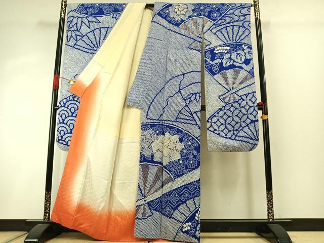 平和屋着物●豪華振袖 総絞り 駒刺繍 扇面花文 金彩 正絹 逸品 AABI8939fy