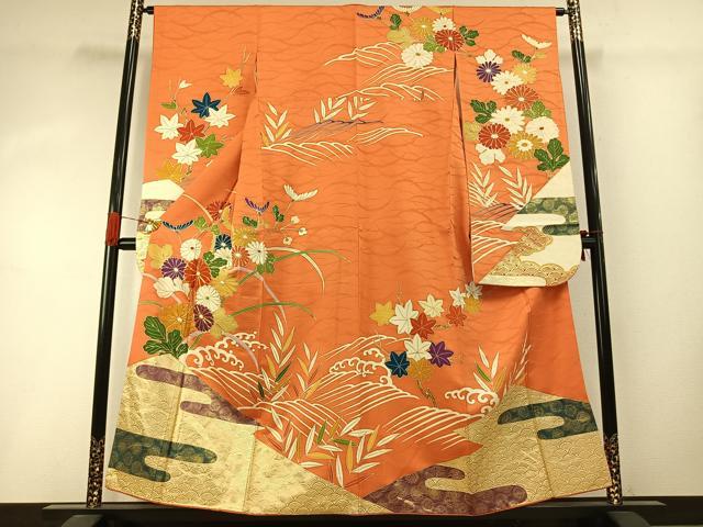 平和屋着物●豪華振袖 駒刺繍 草花文 金彩 正絹 逸品 AABI8941fy
