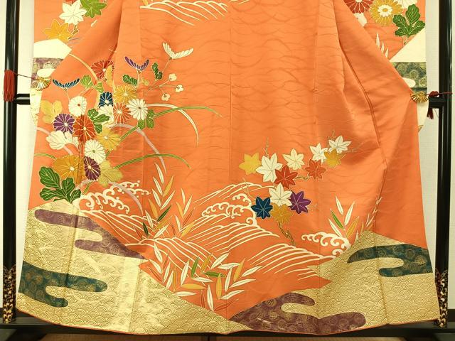平和屋着物●豪華振袖 駒刺繍 草花文 金彩 正絹 逸品 AABI8941fy