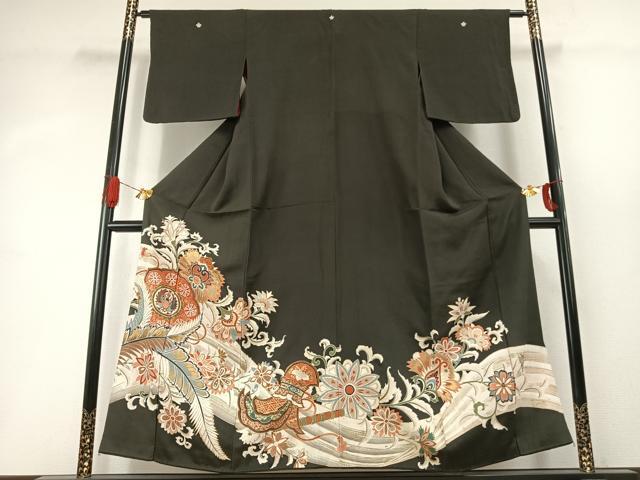平和屋着物●アンティーク 大正ロマン 黒留袖 駒刺繍 吉祥花文 金彩 正絹 逸品 AABI8956fy