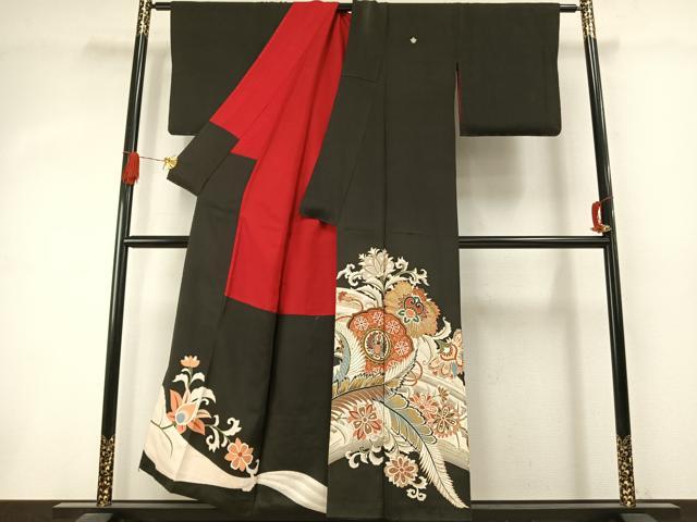 平和屋着物●アンティーク 大正ロマン 黒留袖 駒刺繍 吉祥花文 金彩 正絹 逸品 AABI8956fy