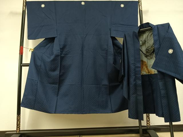平和屋着物●男性 色紋付 羽織セット 菱地紋 紺色 銀通し地 洗える着物 AABI8964fy