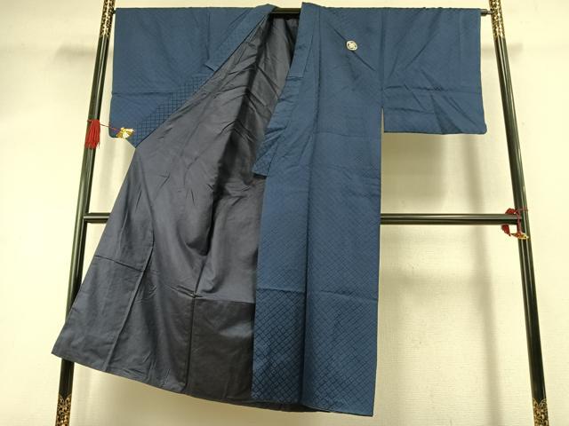 平和屋着物●男性 色紋付 羽織セット 菱地紋 紺色 銀通し地 洗える着物 AABI8964fy