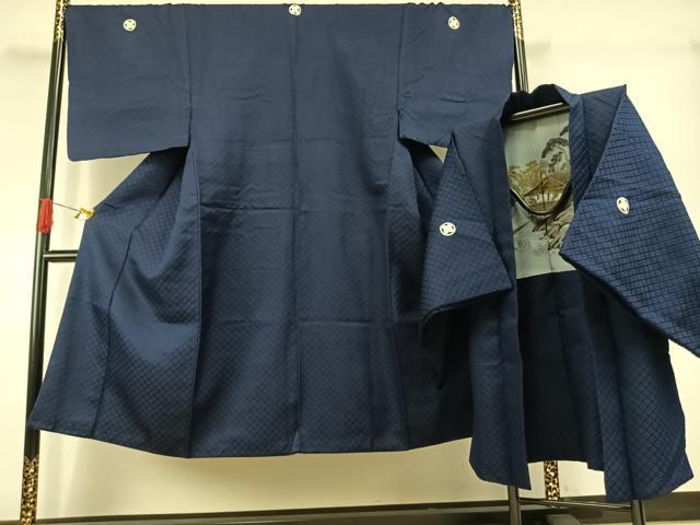 平和屋着物●男性 色紋付 羽織セット 菱地紋 濃藍色 洗える着物 AABI8965fy