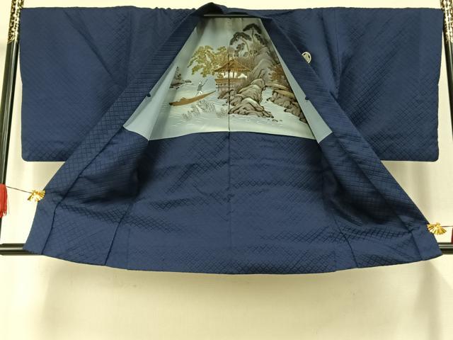 平和屋着物●男性 色紋付 羽織セット 菱地紋 濃藍色 洗える着物 AABI8965fy