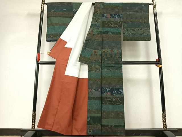 平和屋着物●小千谷紬 百柄 横段花文 正絹 逸品 AABI8968fy