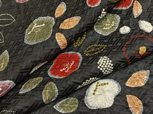 平和屋着物●上質な小紋 絞り 草花文 黒地 金彩 ゑり善扱い 正絹 逸品 AABI8969fy