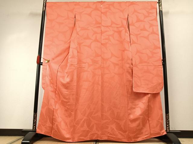平和屋着物●豪華振袖 色無地 飛鳥地紋 鉛丹色 正絹 逸品 AABI9003fy