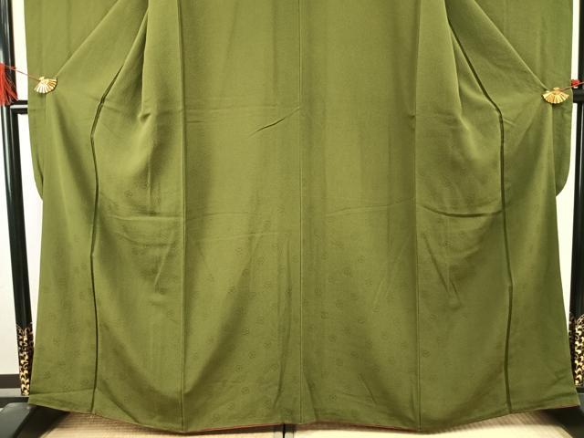 平和屋着物●豪華振袖 色無地 舞花地紋 草色 正絹 逸品 AABI9010fy