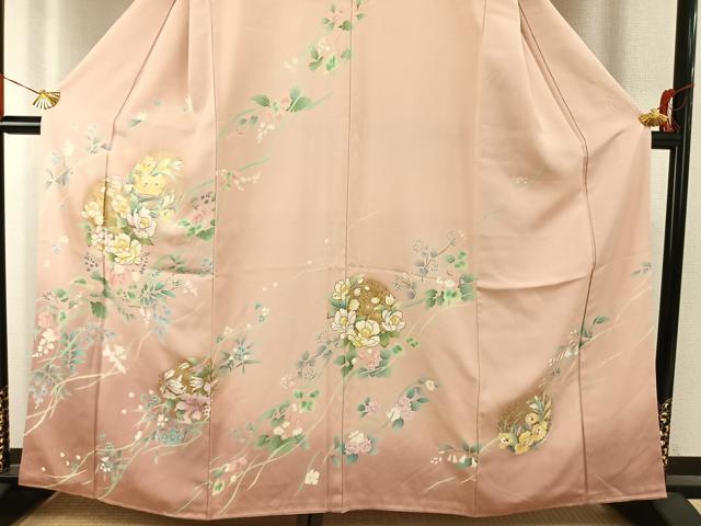平和屋着物●訪問着 草花文 暈し染め 金彩 丹後ちりめん 反端付き 正絹 逸品 AABI9018fy