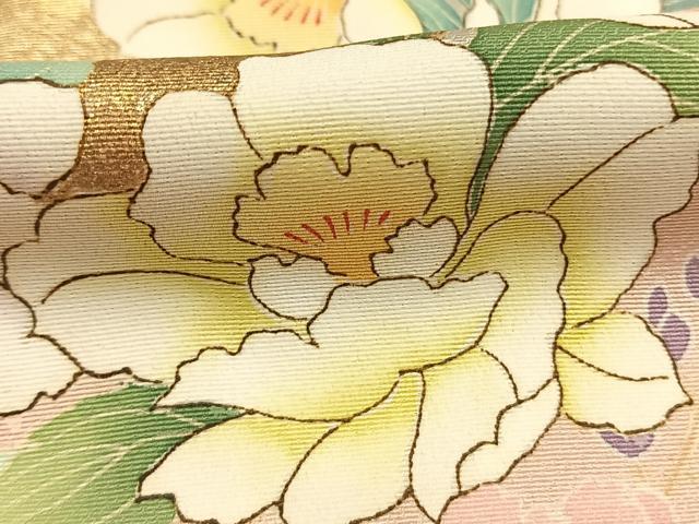 平和屋着物●訪問着 草花文 暈し染め 金彩 丹後ちりめん 反端付き 正絹 逸品 AABI9018fy