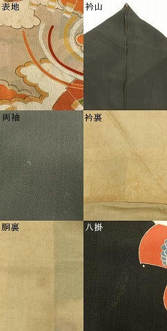 平和屋着物●アンティーク 大正ロマン 黒留袖 駒刺繍 扇面花鳥文 金糸 金彩 正絹 逸品 AABI9026fy