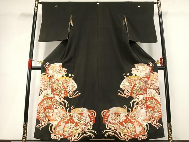 平和屋着物●アンティーク 大正ロマン 黒留袖 駒刺繍 扇面花鳥文 金糸 金彩 正絹 逸品 AABI9026fy