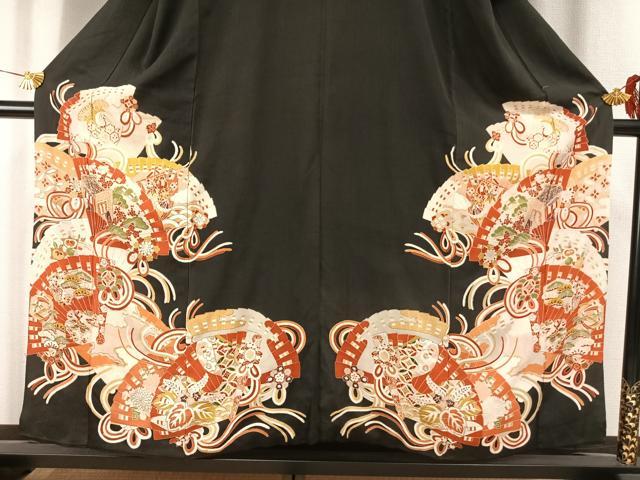 平和屋着物●アンティーク 大正ロマン 黒留袖 駒刺繍 扇面花鳥文 金糸 金彩 正絹 逸品 AABI9026fy
