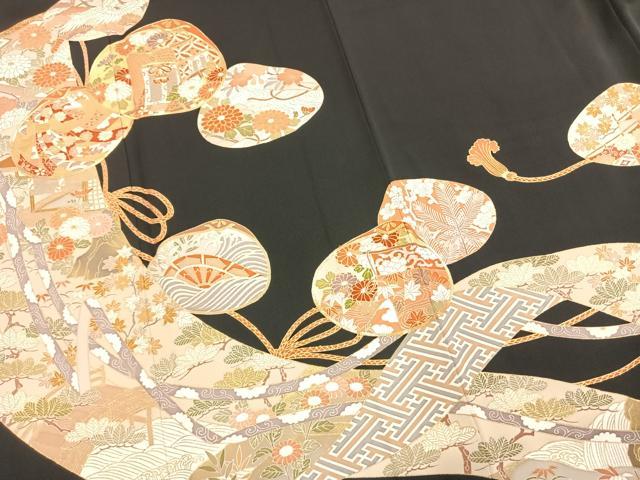 平和屋着物●創業460年・千總 黒留袖 駒刺繍 御所車花鳥文 金彩 正絹 逸品 AABI9027fy