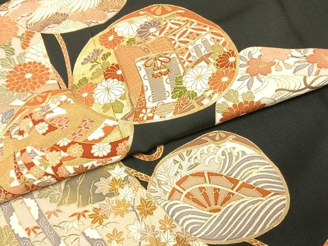 平和屋着物●創業460年・千總 黒留袖 駒刺繍 御所車花鳥文 金彩 正絹 逸品 AABI9027fy