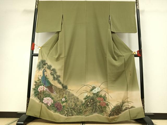 平和屋着物●色留訪問着 作家物 手描き 孔雀花文 暈し染め 正絹 逸品 AABI9040fy