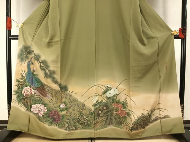 平和屋着物●色留訪問着 作家物 手描き 孔雀花文 暈し染め 正絹 逸品 AABI9040fy