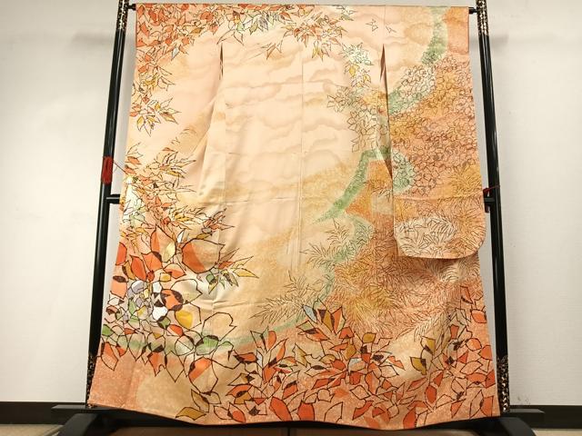平和屋着物●希少 人間国宝 堰出し友禅 田島比呂子 振袖 草葉文 暈し染め 金銀糸 西武百貨店扱い 正絹 逸品 AABI9042fy