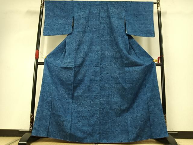 平和屋着物●上質な紬 藍 型染め 風景文 正絹 逸品 未使用 AABI9048fy