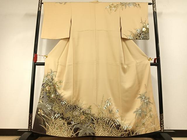 平和屋着物●加納真 訪問着 手描き 花鳥文 暈し染め 金彩 正絹 逸品 AABI9057fy