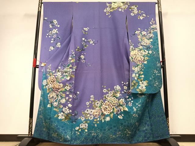 平和屋着物●豪華振袖 草花文 暈し染め 金銀彩 銀通し地 正絹 逸品 AABI9058fy