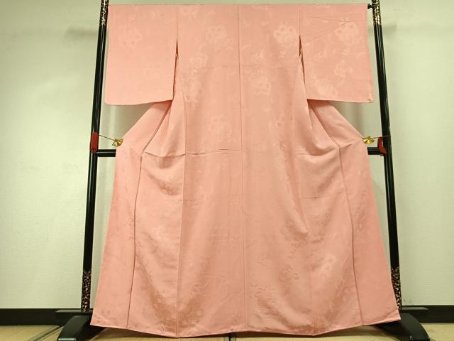 平和屋着物●上質な色無地 草花地紋 珊瑚色 正絹 逸品 AABI9077fy