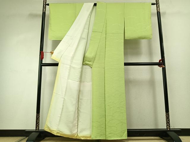 平和屋着物●上質な色無地 芝地紋 若菜色 正絹 逸品 AABI9084fy