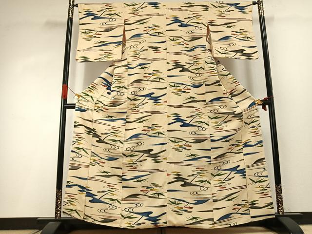 平和屋着物●上質な小紋 型染め 流水枝葉文 正絹 逸品 AABI9090fy