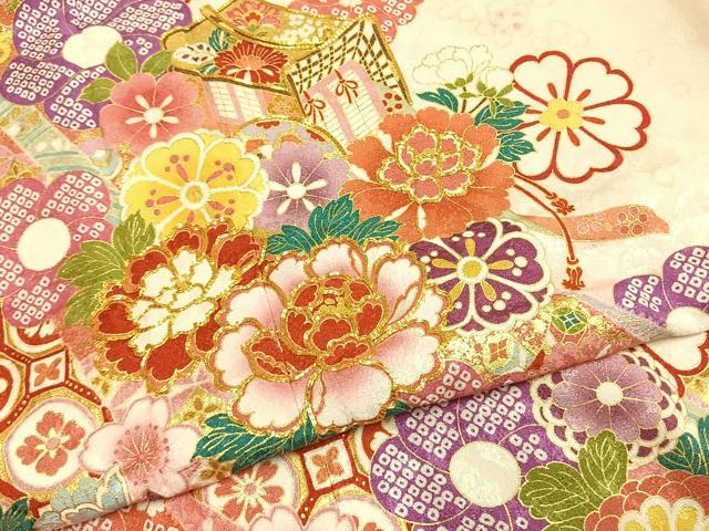 平和屋着物●豪華振袖 駒刺繍 御所車花文 暈し染め 金彩 京都きもの友禅扱い 正絹 逸品 AABI9092fy