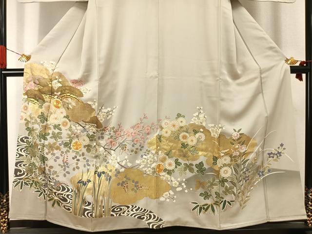 平和屋着物●豪華色留袖 駒刺繍 草花文 金彩 正絹 逸品 AABI9104fy