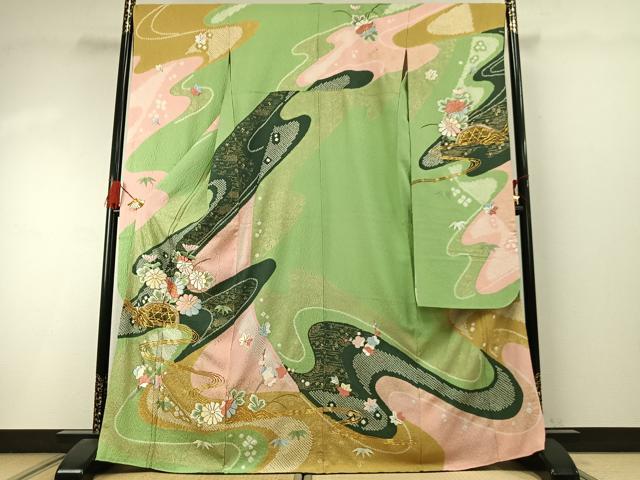 平和屋着物●豪華振袖 駒刺繍 絞り 草花文 金彩 正絹 逸品 AABI9127fy