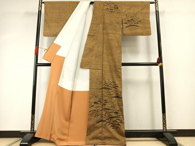 平和屋着物●訪問着 紬地 手描き 草花文 正絹 逸品 AABI9144fy