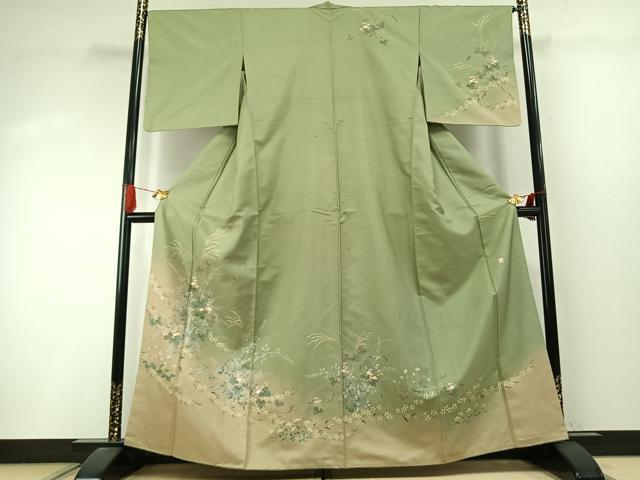 平和屋着物●訪問着 紬地 友禅 作家物 草花文 暈し染め 正絹 逸品 AABI9152fy