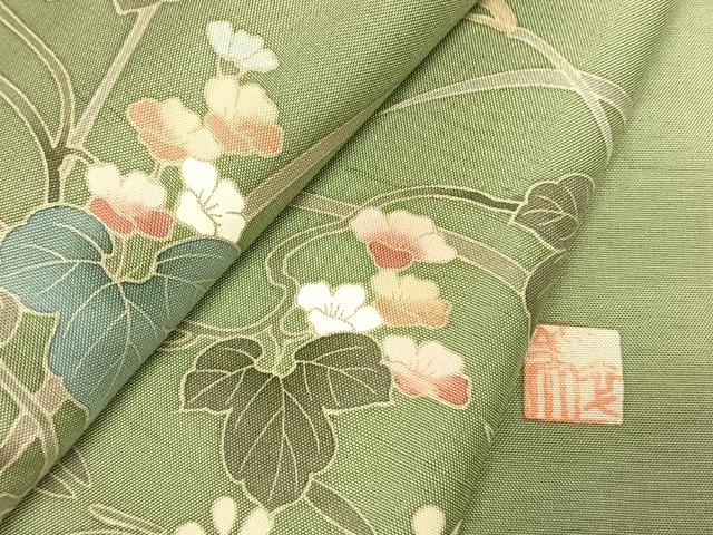 平和屋着物●訪問着 紬地 友禅 作家物 草花文 暈し染め 正絹 逸品 AABI9152fy