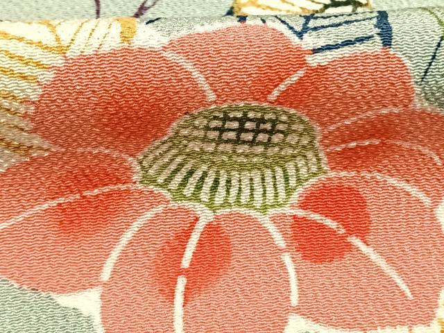 平和屋着物●上質な小紋 型染め 草花文 鬼しぼ縮緬 正絹 逸品 AABI9182fy