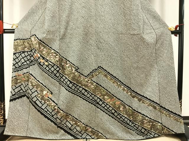 平和屋着物●訪問着 駒刺繍 絞り 草花文 黒地 金糸 金彩 正絹 逸品 未使用 AABI9198fy