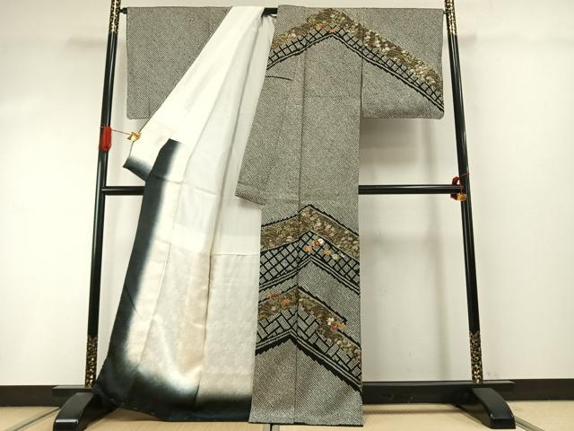 平和屋着物●訪問着 駒刺繍 絞り 草花文 黒地 金糸 金彩 正絹 逸品 未使用 AABI9198fy