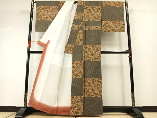 平和屋着物●お召 市松花唐草文 正絹 逸品 未使用 AABI9202fy
