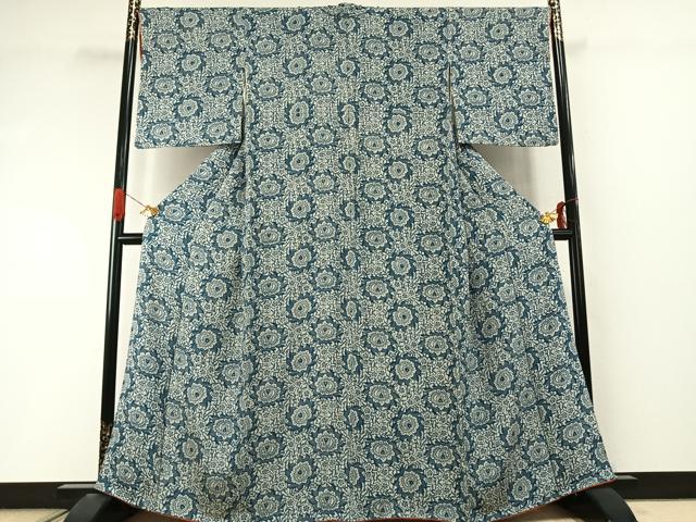 平和屋着物●上質な小紋 藍 型染め 更紗花文 正絹 逸品 AABI9204fy