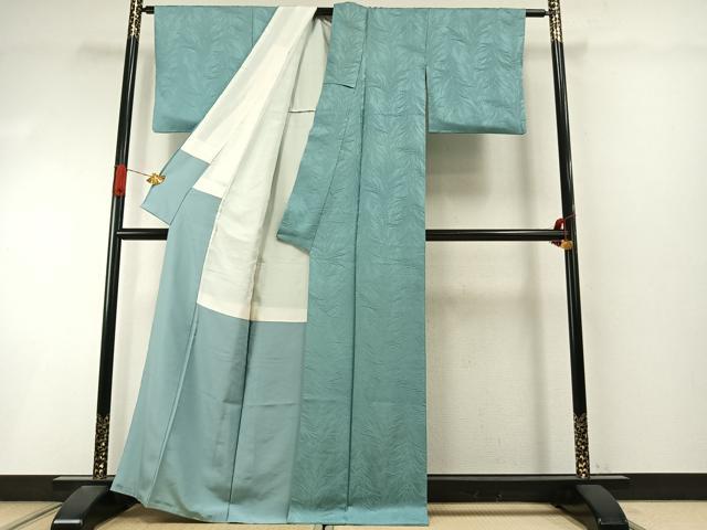 平和屋着物●上質な色無地 草葉地紋 青竹色 正絹 逸品 AABI9209fy