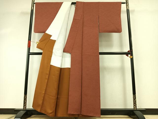 平和屋着物●上質な色無地 花唐草地紋 茶色 正絹 逸品 AABI9211fy