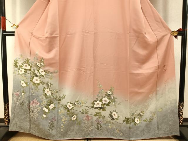 平和屋着物●染織工芸はまや 京都手描友禅作家 濱屋修一郎 訪問着 草花文 暈し染め 金彩 正絹 逸品 AABI9215fy